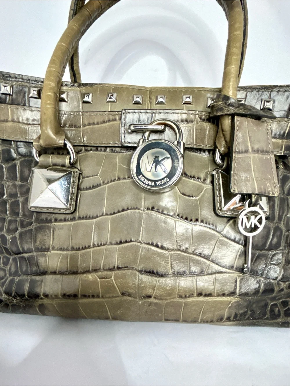 Michael Kors Hamilton Studded Ombre Gray Crocodile Croc Leather Purse Satchel